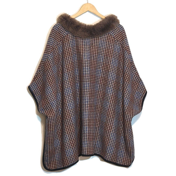 Jones New York Houndstooth Cape Faux Fur Collar Brown and Blue Classic Fall OS - Picture 7 of 13